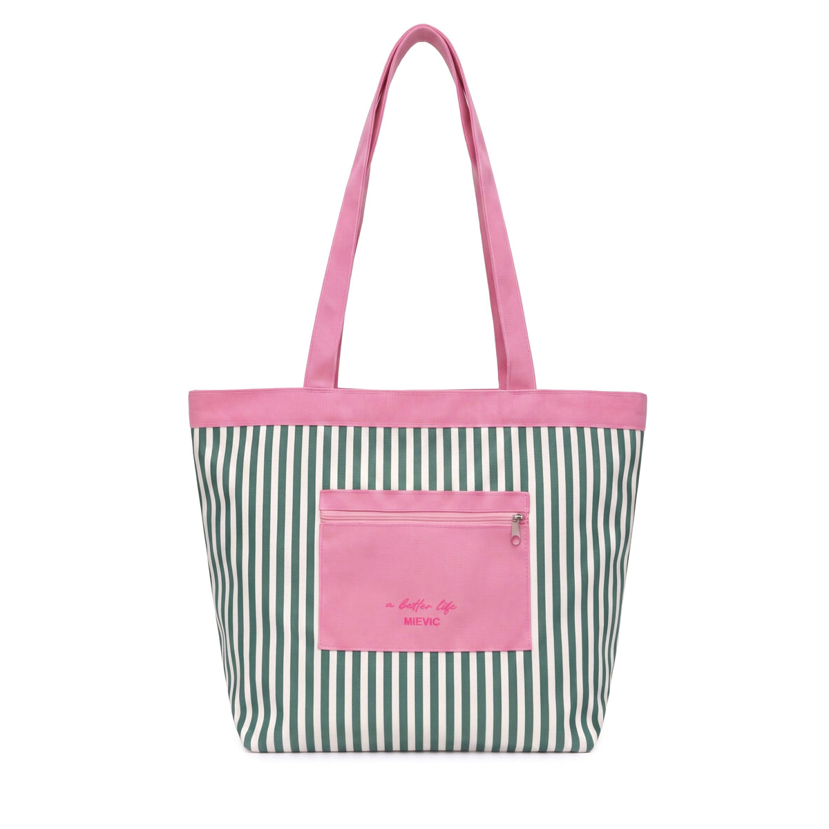 Green Striped Canvas Tote Bag With Pink Pocket WM2611 SUM26