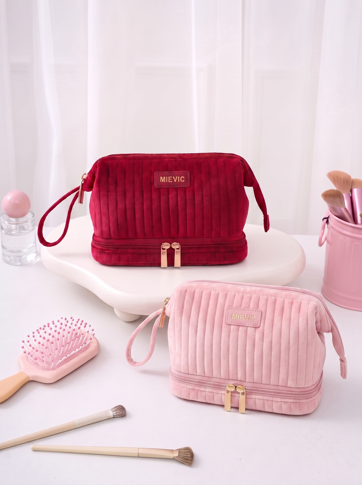 Burgundy Ribbed Double Zipper Velvet Cosmetic Bag RH2505w SUM26