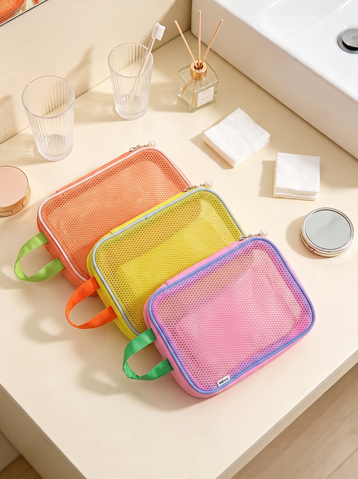 Grande Trousse de Maquillage en Mesh - Jaune