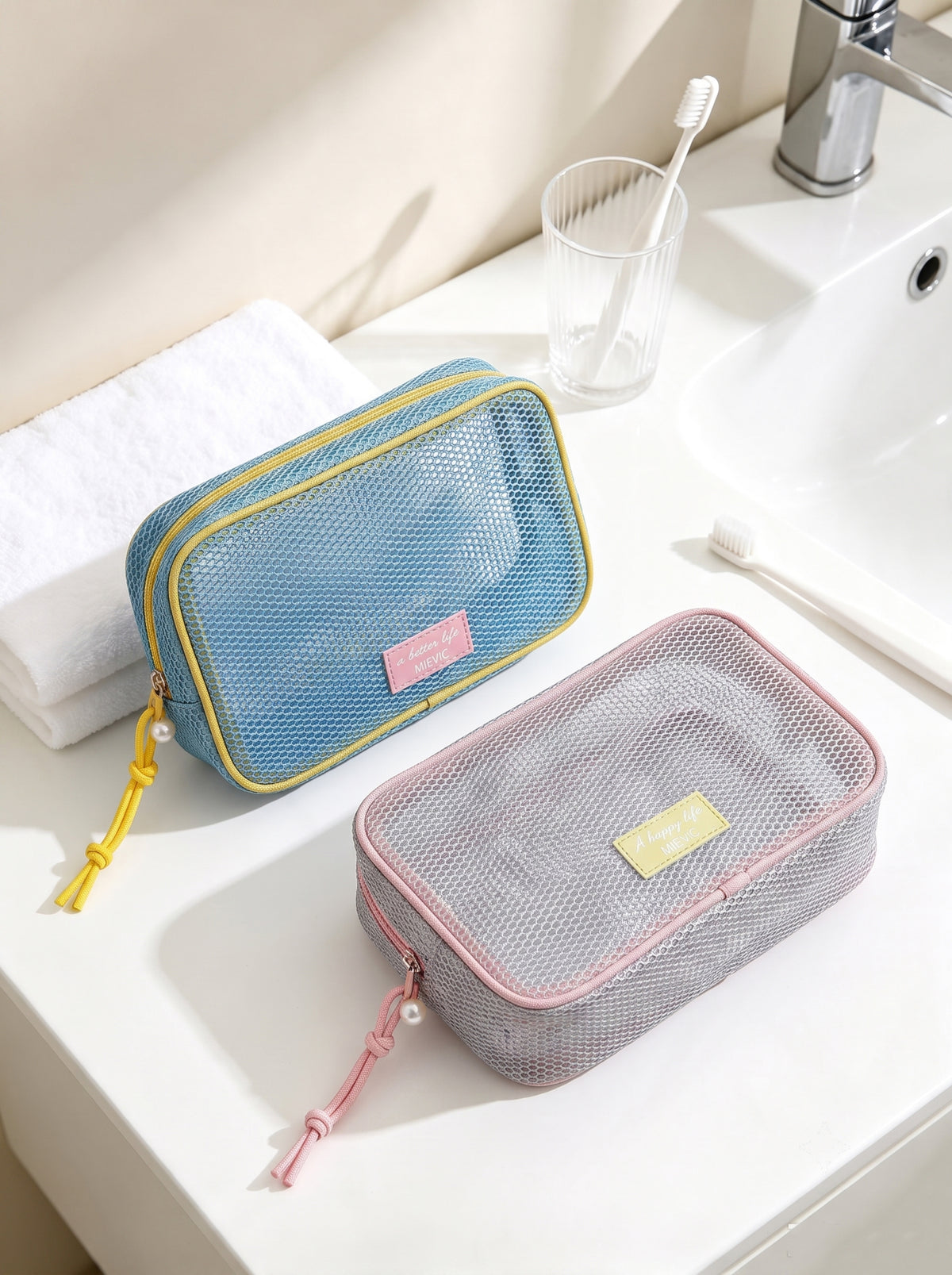 White Mesh Double Zipper Cosmetic Bag WM2612 SUM26