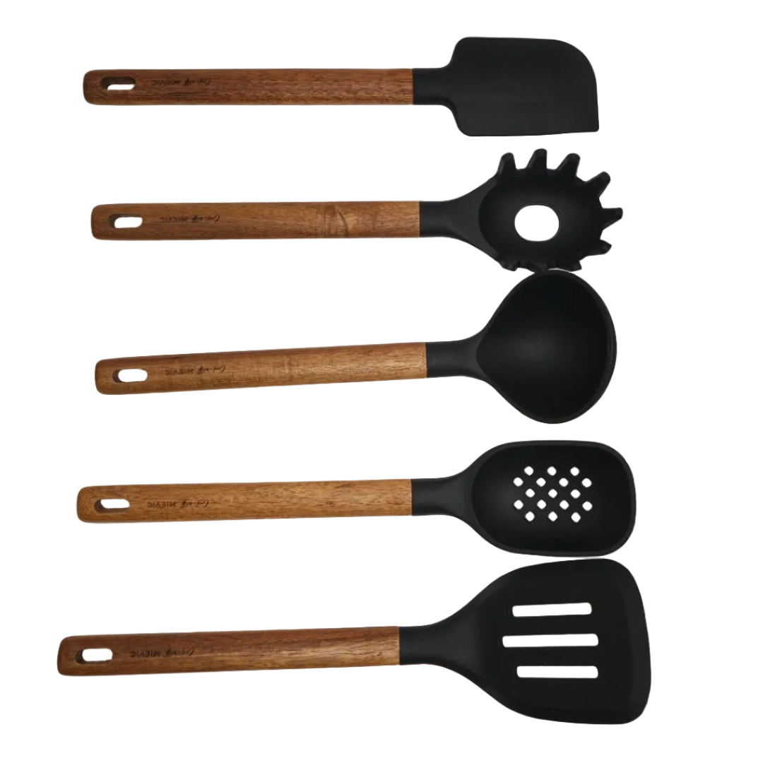 Set de 5 ustensiles de cuisine en silicone avec manche en bois d’acacia