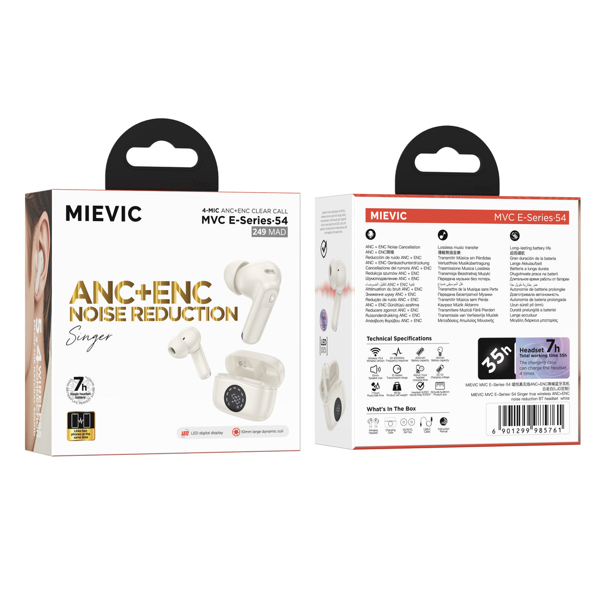Écouteurs Bluetooth sans fil avec réduction de bruit ANC+ENC blanc