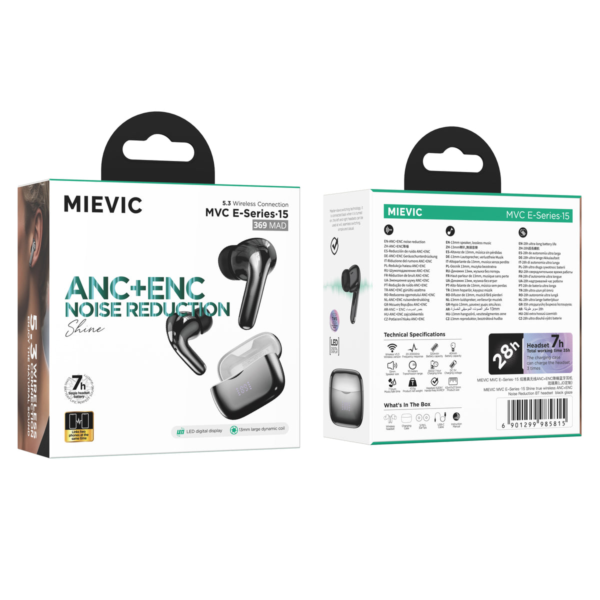 Écouteurs Bluetooth True Wireless avec réduction de bruit ANC+ENC noir émaillé