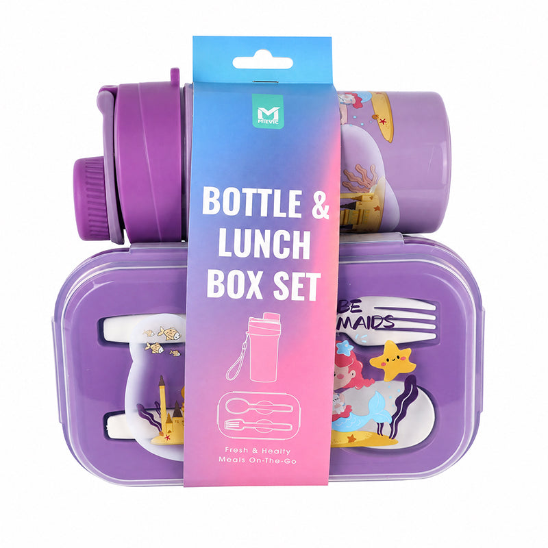 Boîte à déjeuner en plastique avec bouteille assortie - violet