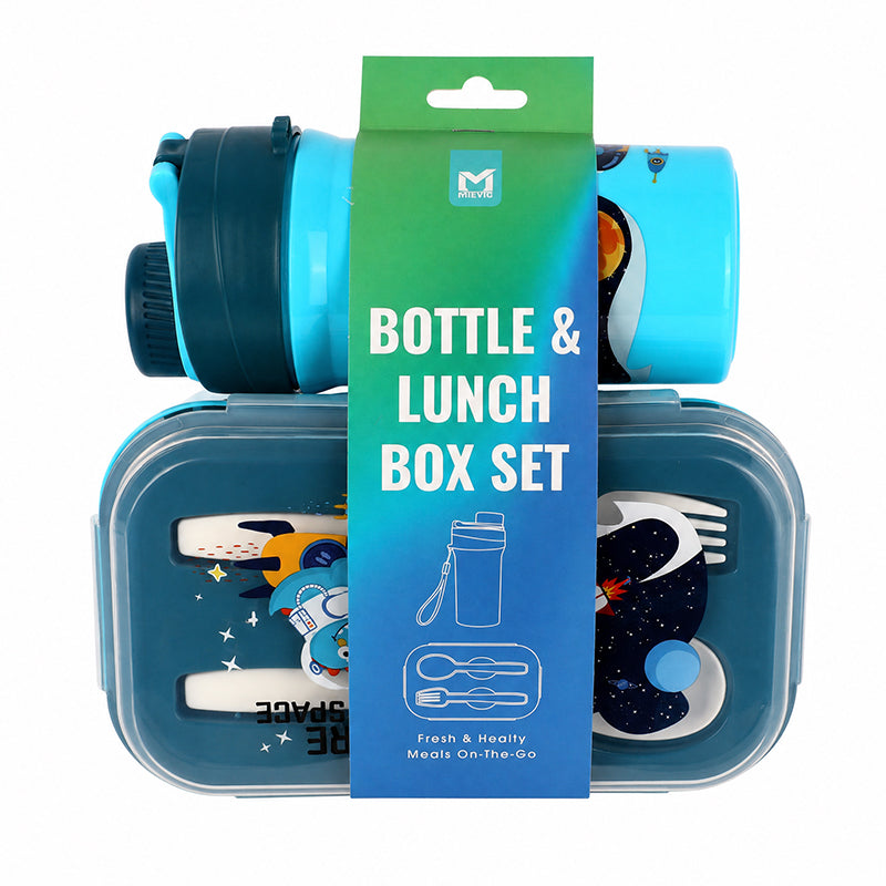 Boîte à déjeuner en plastique avec bouteille assortie - bleu