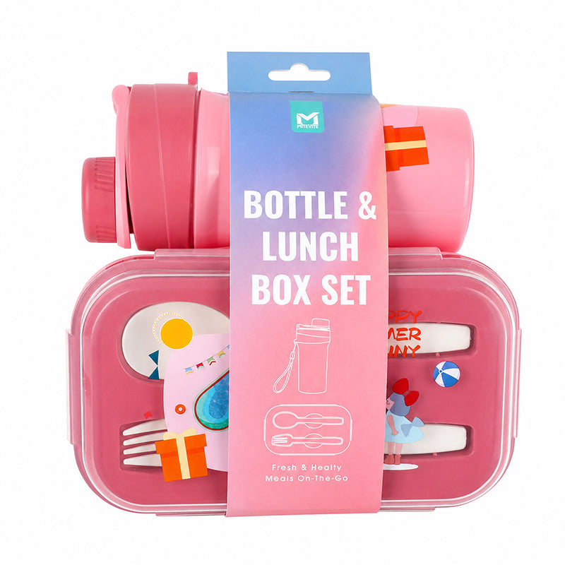 Boîte à déjeuner en plastique avec bouteille assortie - rose