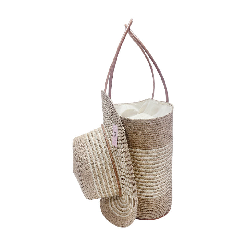Ensemble Chapeau et Sac de Plage en Paille Marron Foncé