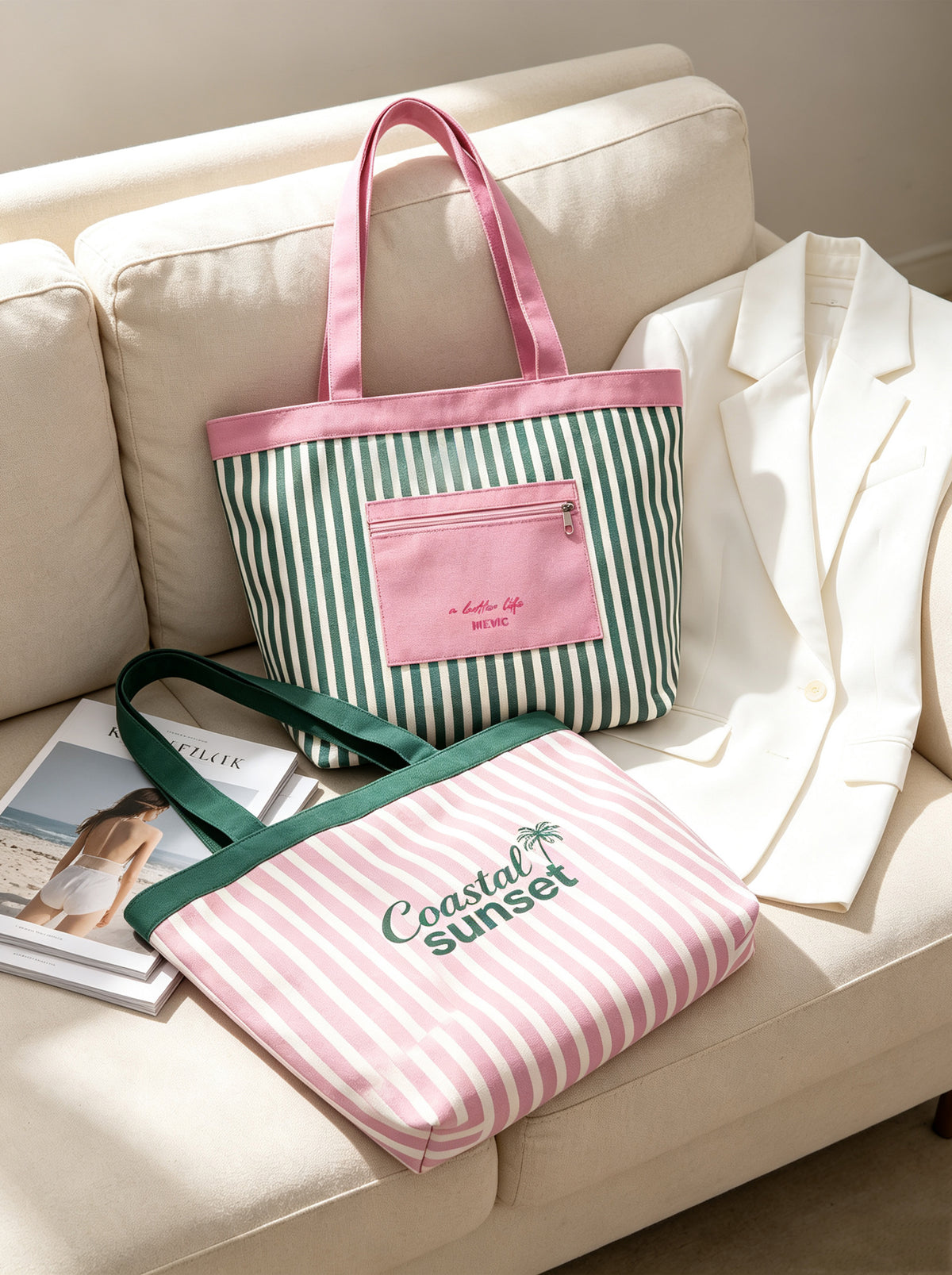 Coastal Sunset Pink Striped Canvas Tote Bag WM2611 SUM26