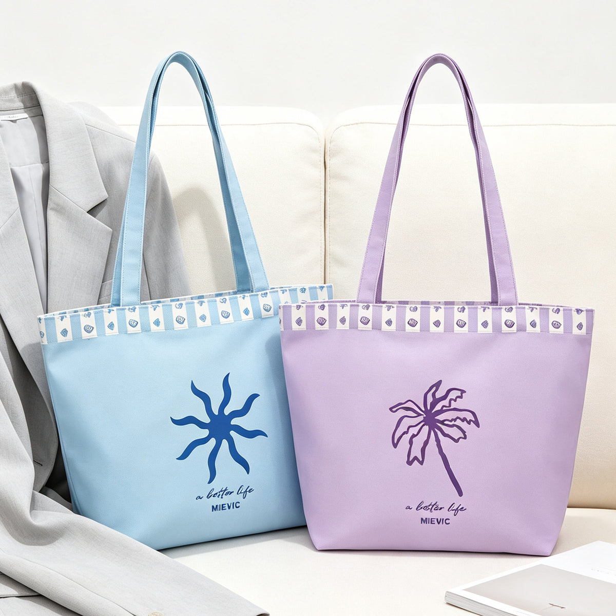 Blue Palm Print Canvas Tote Bag WM2611 SUM26