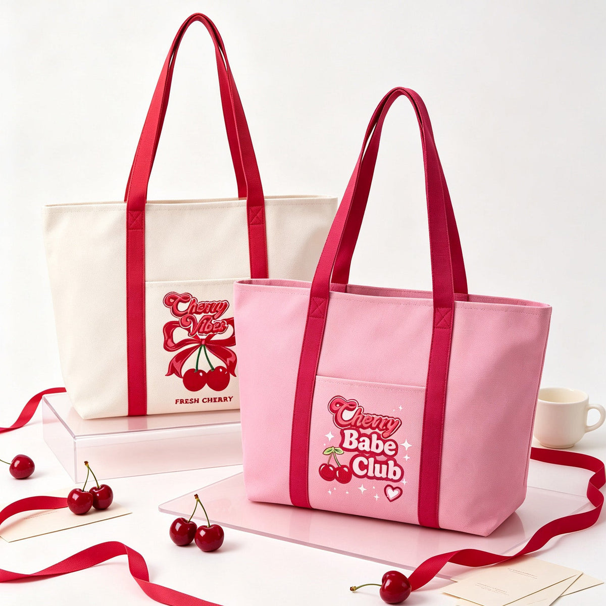 Cherry Babe Club Pink Canvas Tote Bag ALI205 SUM26