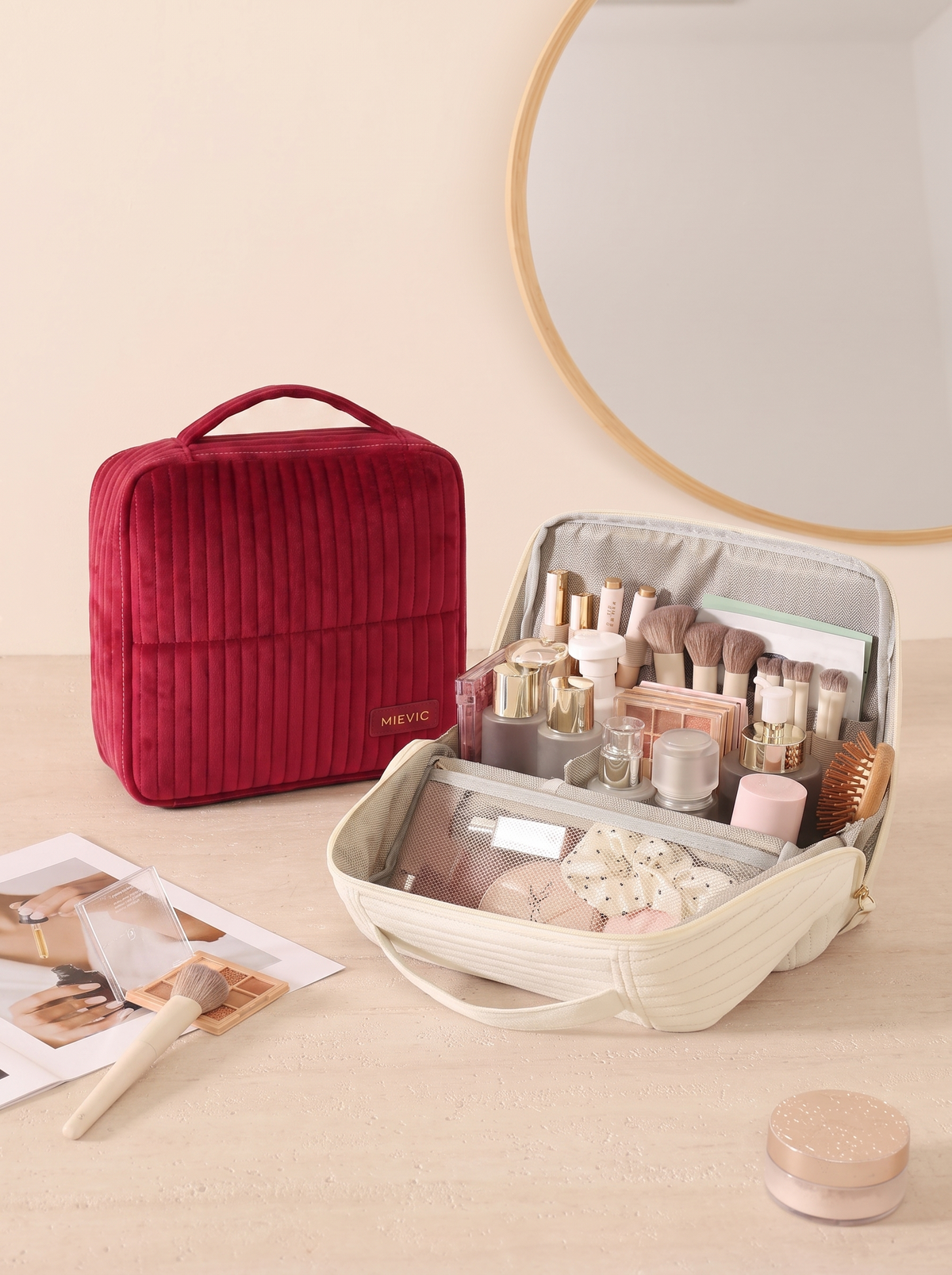 Burgundy Ribbed Vanity Velvet Cosmetic Bag RH2506w SUM26