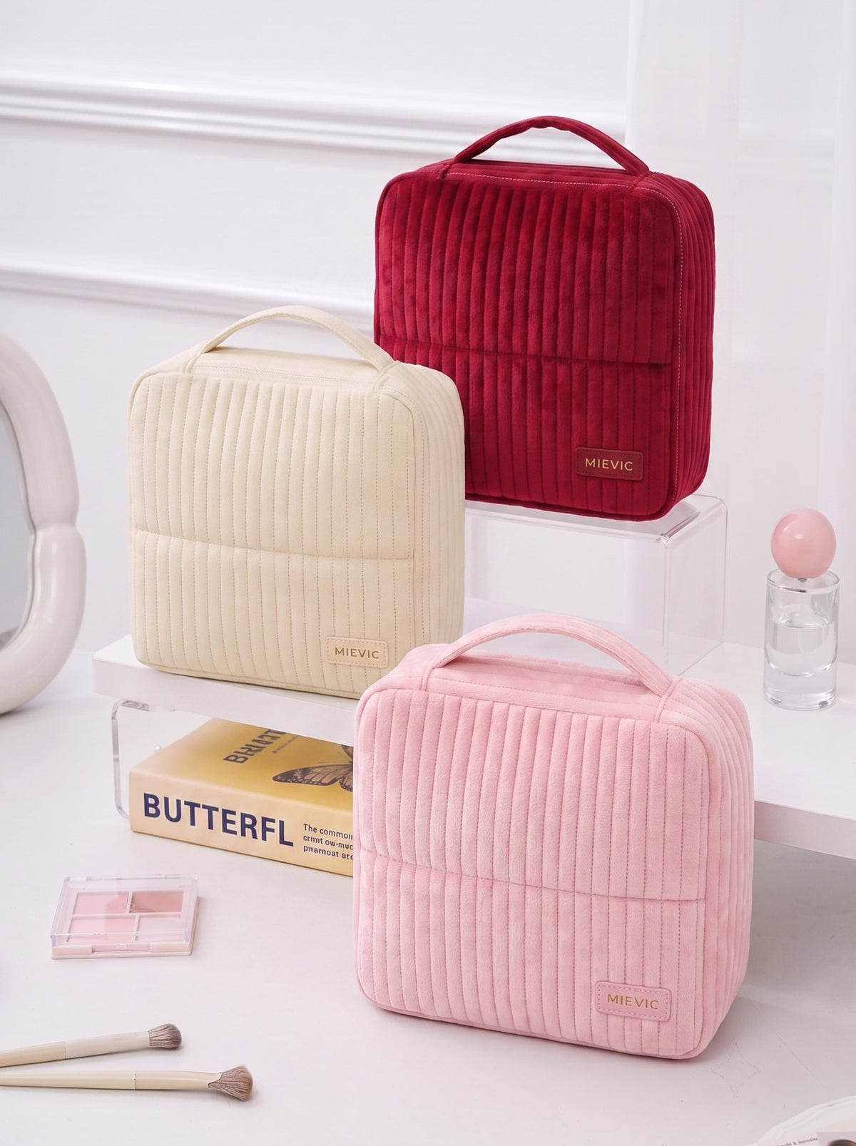 Cream Ribbed Vanity Velvet Cosmetic Bag RH2506w SUM26