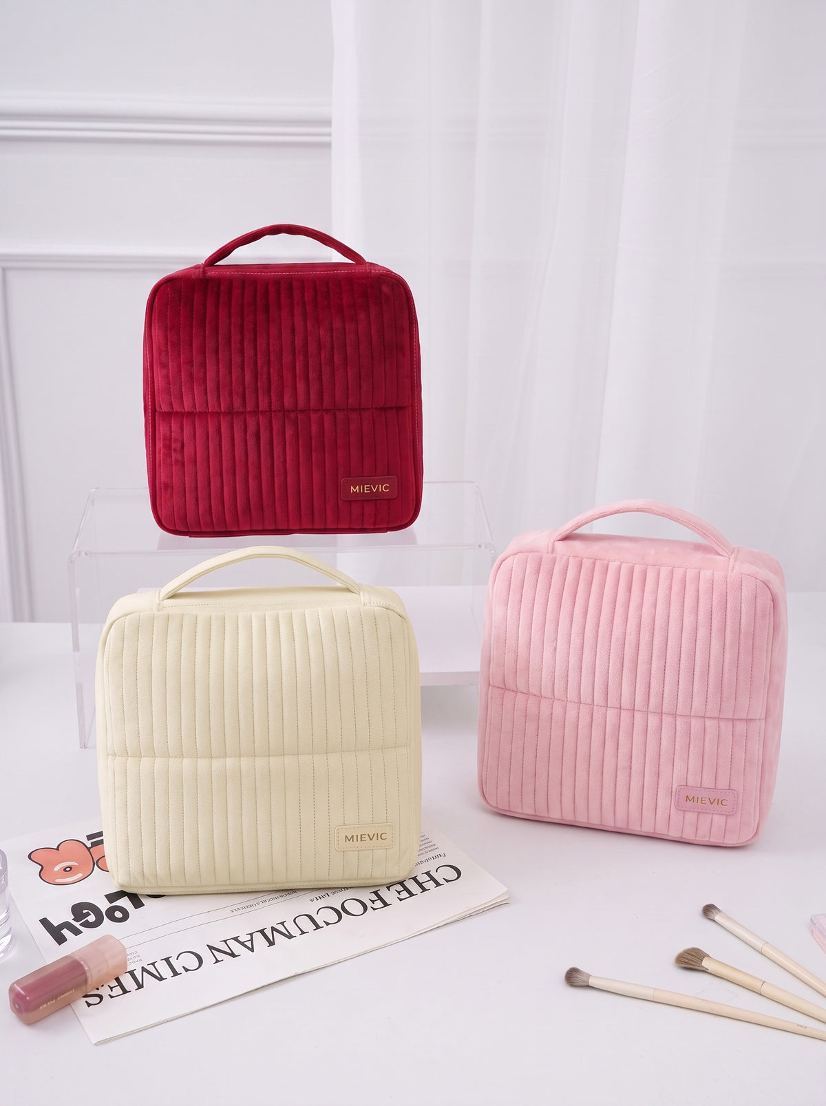 Cream Ribbed Vanity Velvet Cosmetic Bag RH2506w SUM26