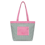 Green Striped Canvas Tote Bag With Pink Pocket WM2611 SUM26