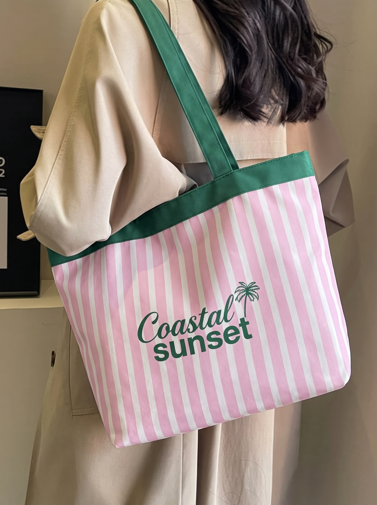 Coastal Sunset Pink Striped Canvas Tote Bag WM2611 SUM26