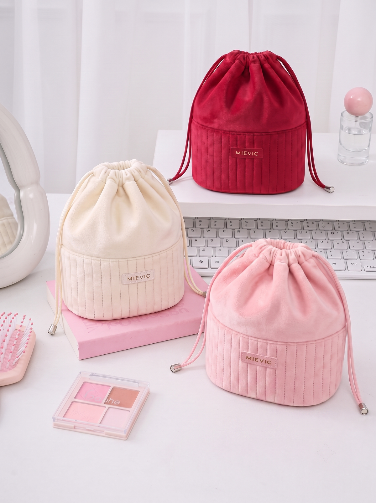 Cream Ribbed Drawstring  Velvet Cosmetic Pouch RH2504w SUM26