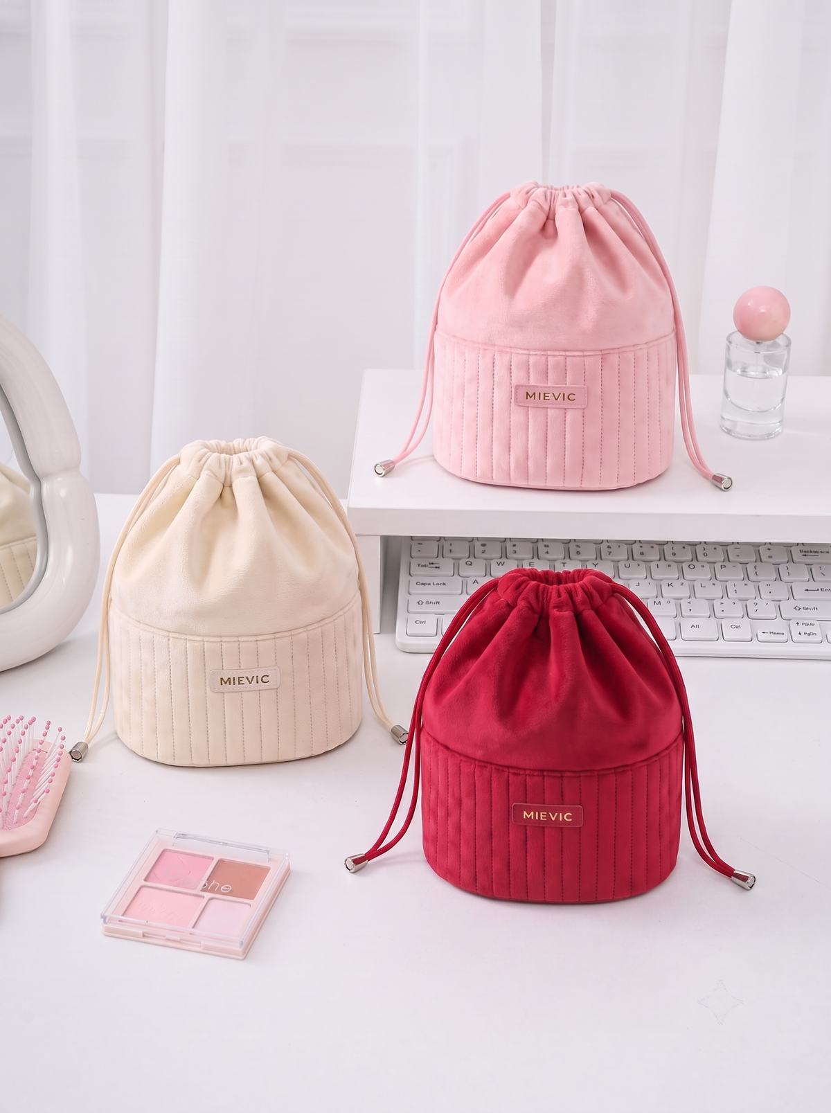Cream Ribbed Drawstring  Velvet Cosmetic Pouch RH2504w SUM26