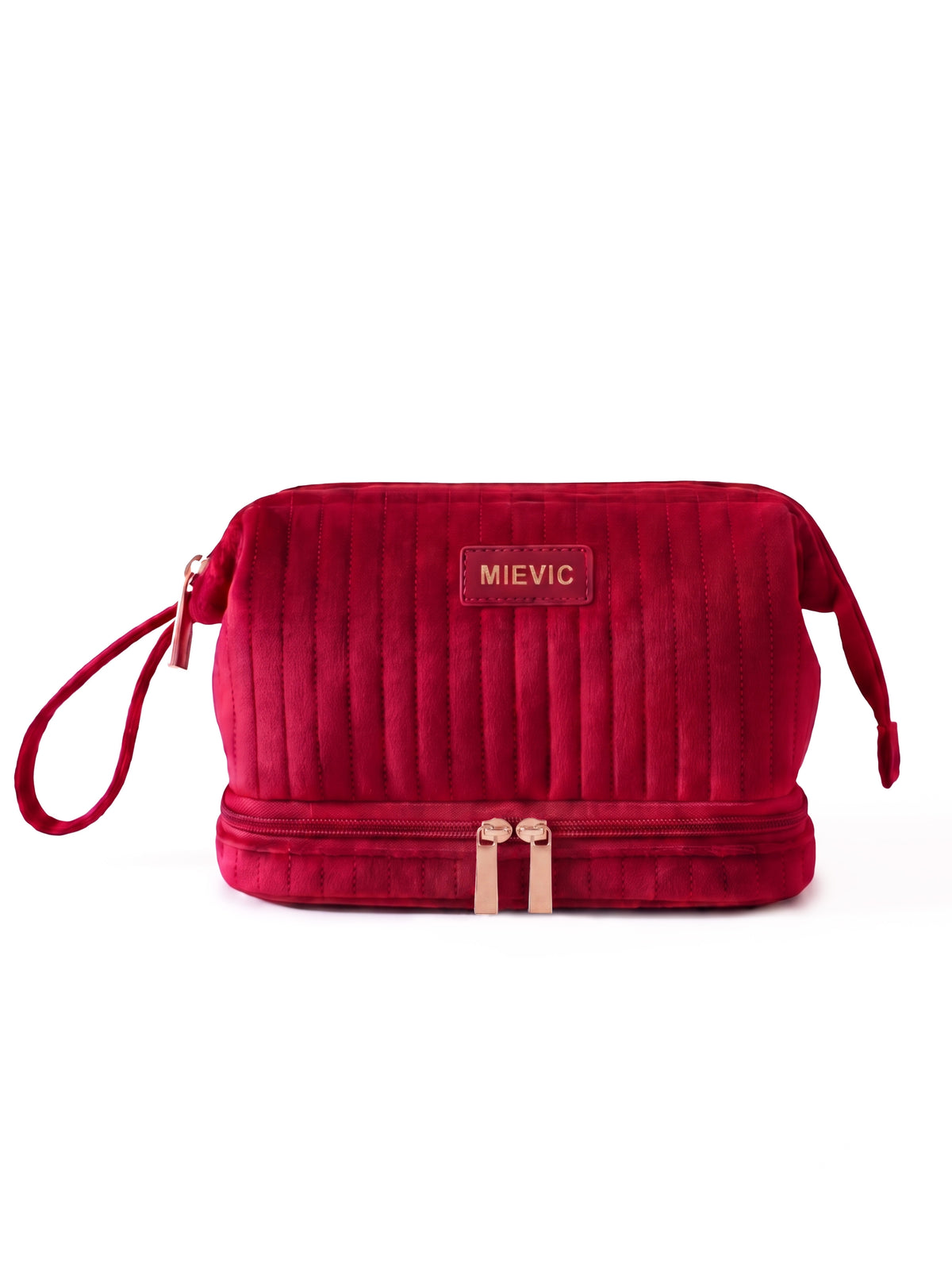 Burgundy Ribbed Double Zipper Velvet Cosmetic Bag RH2505w SUM26