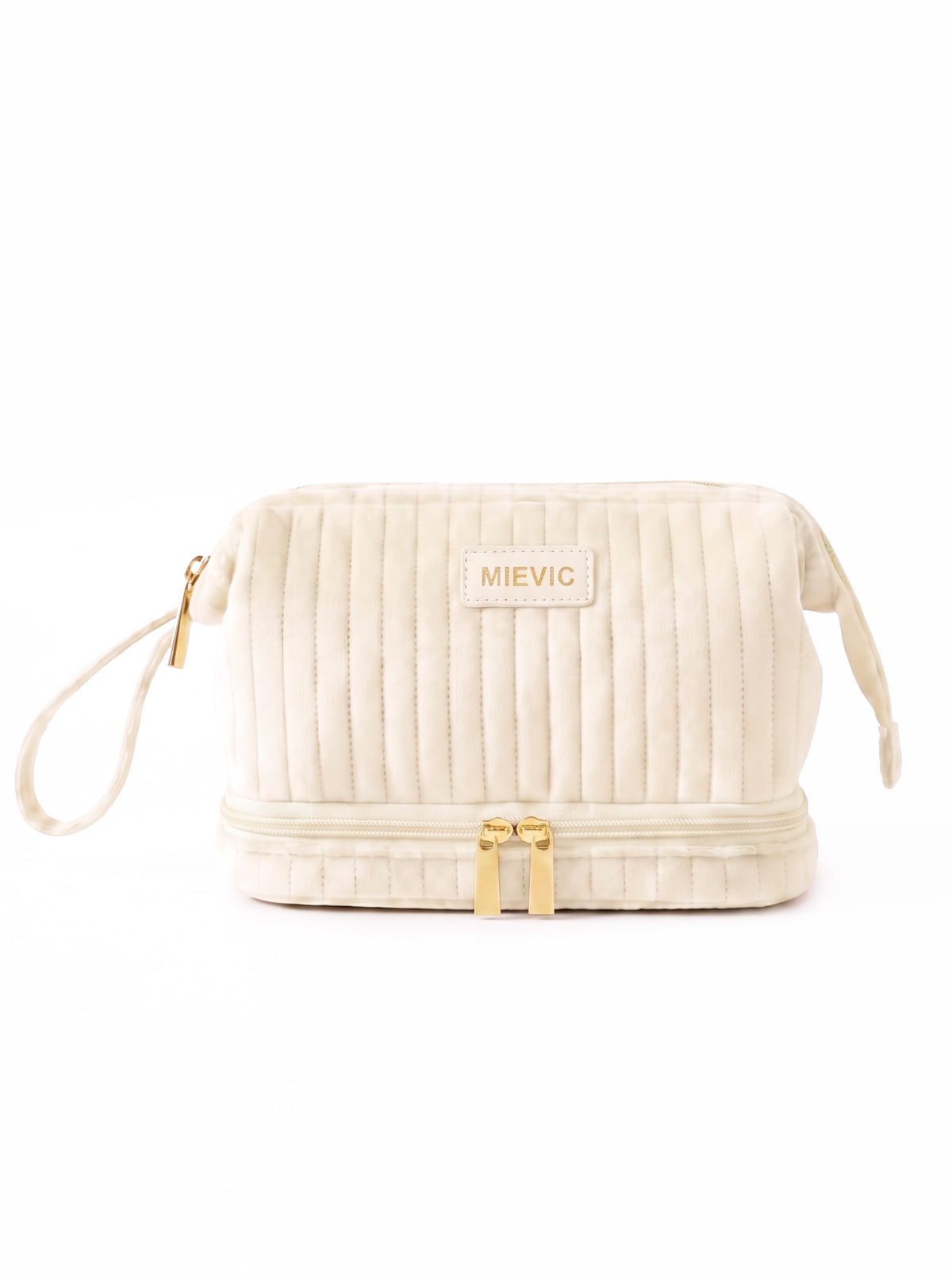 Cream Ribbed Double Zipper Velvet Cosmetic Bag RH2505w SUM26