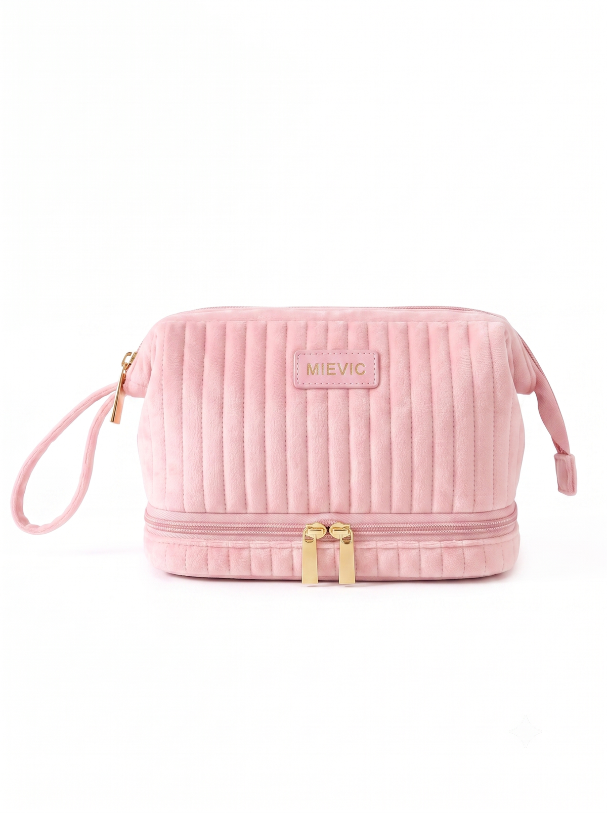 Pink Ribbed Double Zipper  Velvet Cosmetic Bag RH2505w SUM26
