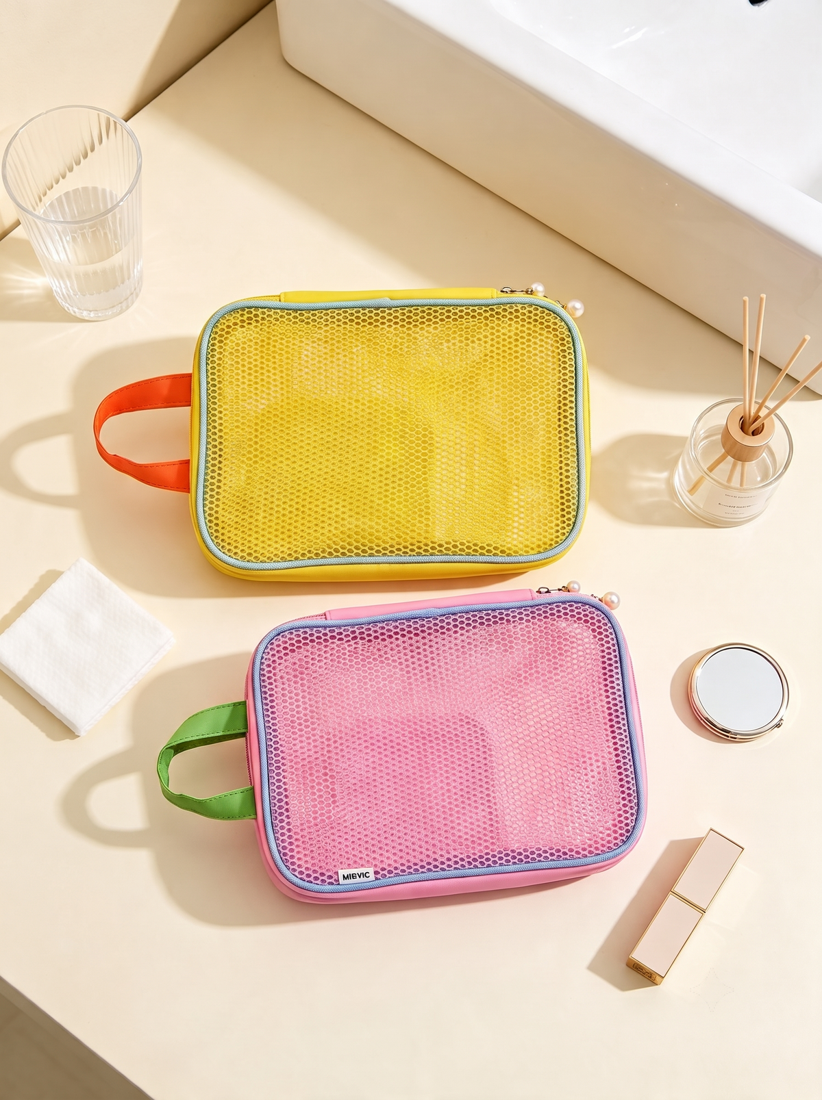Grande Trousse de Maquillage en Mesh - Rose