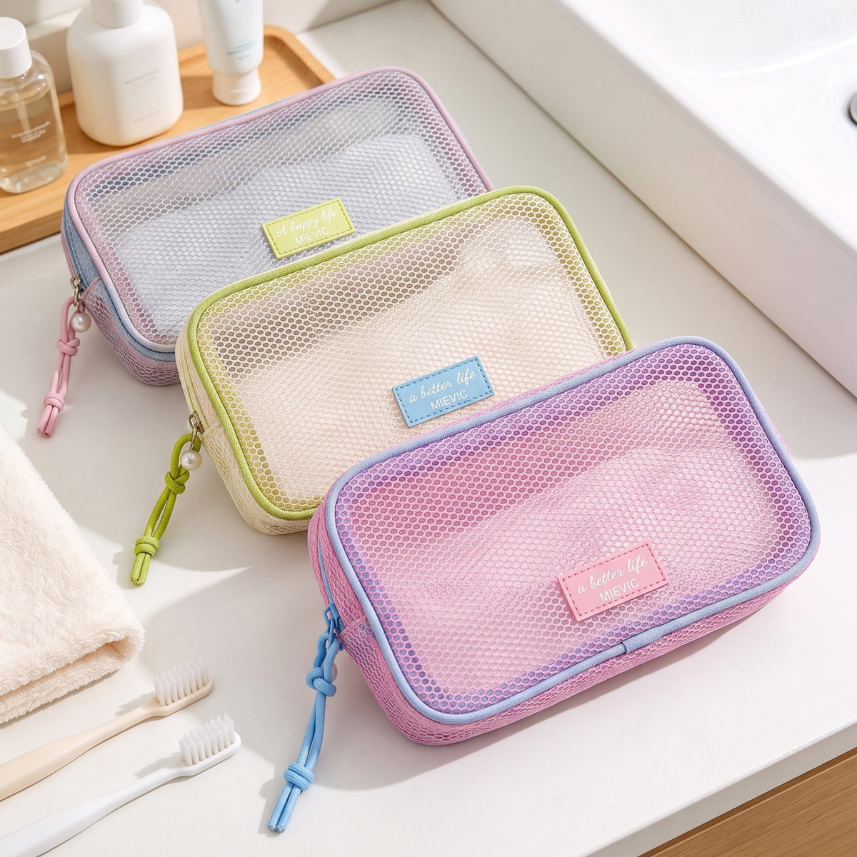 Trousse de Toilette en Mesh Fuchsia - Double Compartiment