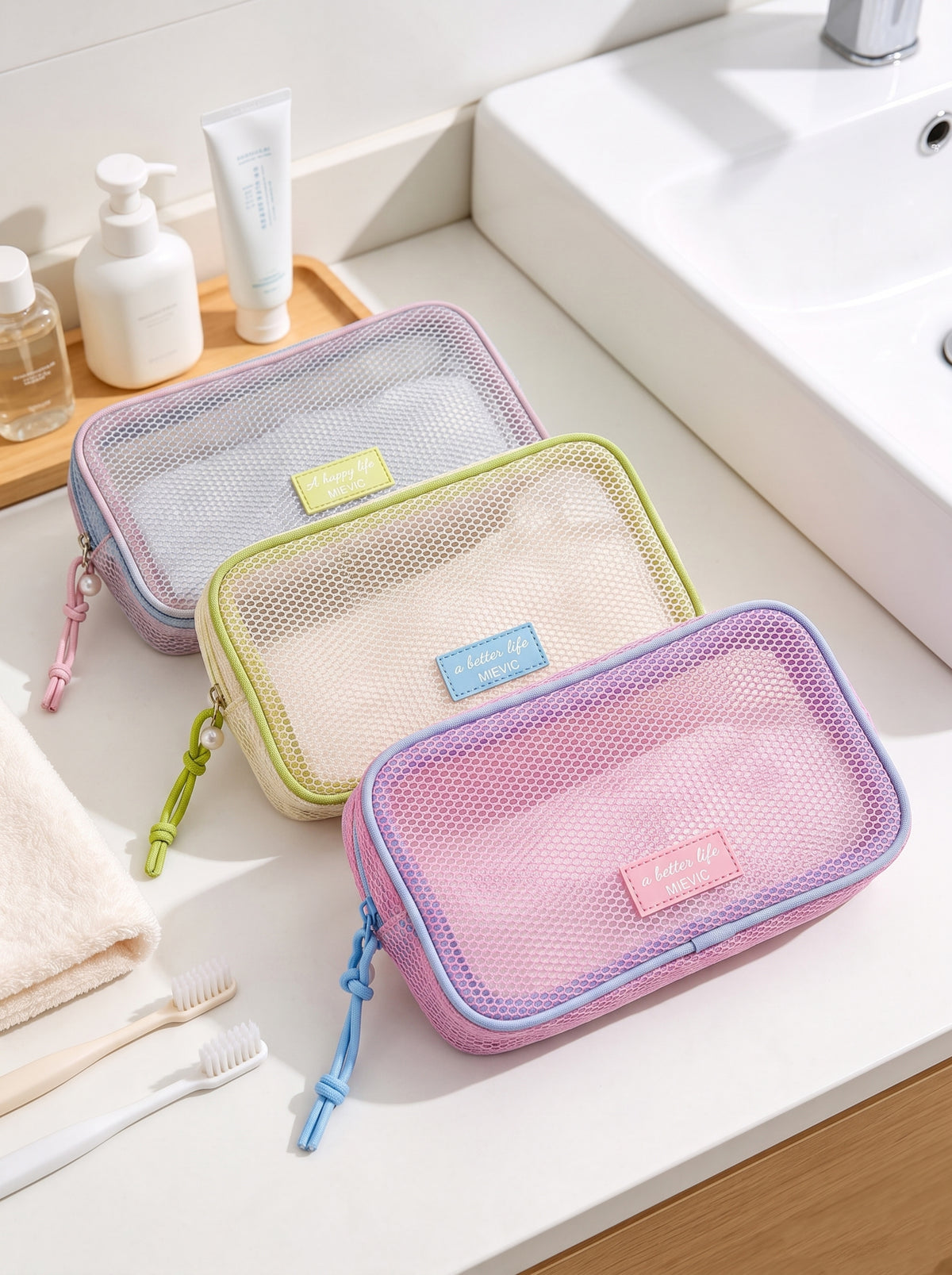 Pink Mesh Double Zipper Cosmetic Bag WM2612 SUM26