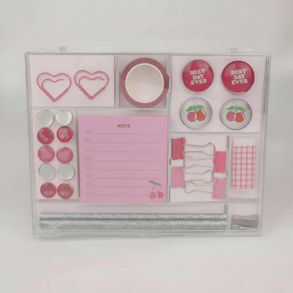 Ensemble Papeterie en Boîte Plastique Série Cerise