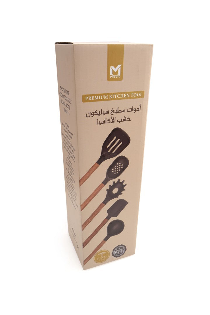 Set de 5 ustensiles de cuisine en silicone avec manche en bois d’acacia