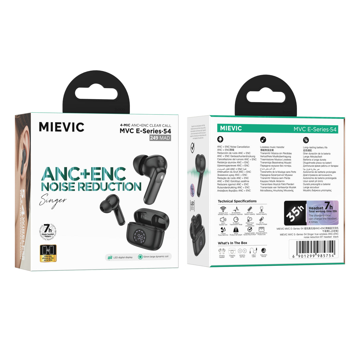 Écouteurs Bluetooth sans fil avec réduction de bruit ANC+ENC - Noir
