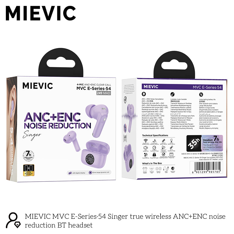 Écouteurs Bluetooth sans fil avec réduction de bruit ANC+ENC violet