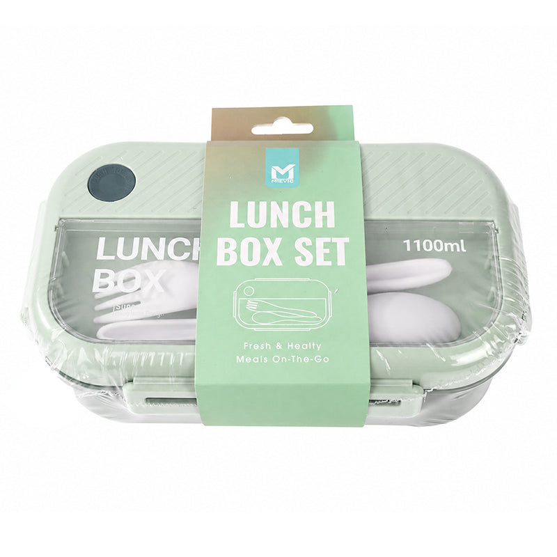 Boîte à déjeuner verte avec cuillère et fourchette