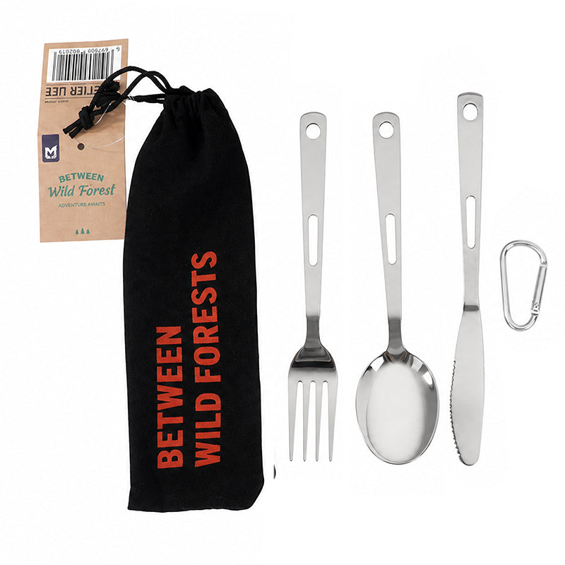 Set cuillère, fourchette et baguettes en acier inoxydable avec pochette
