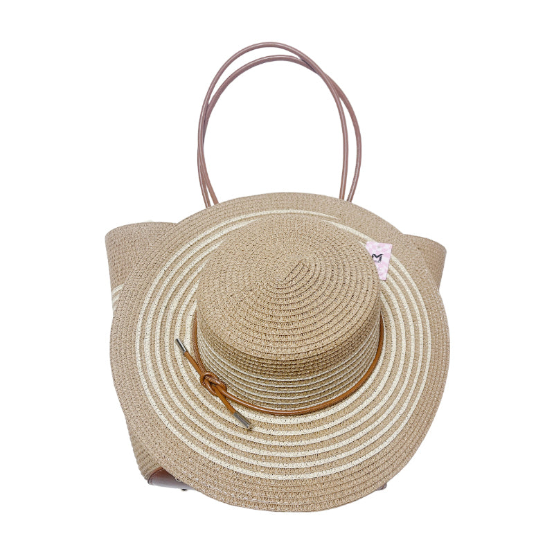 Ensemble Chapeau et Sac de Plage en Paille Marron Foncé
