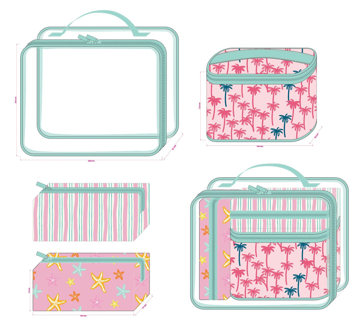 Set de Sac Cabas de Plage 4 Pièces - Palmier Rose