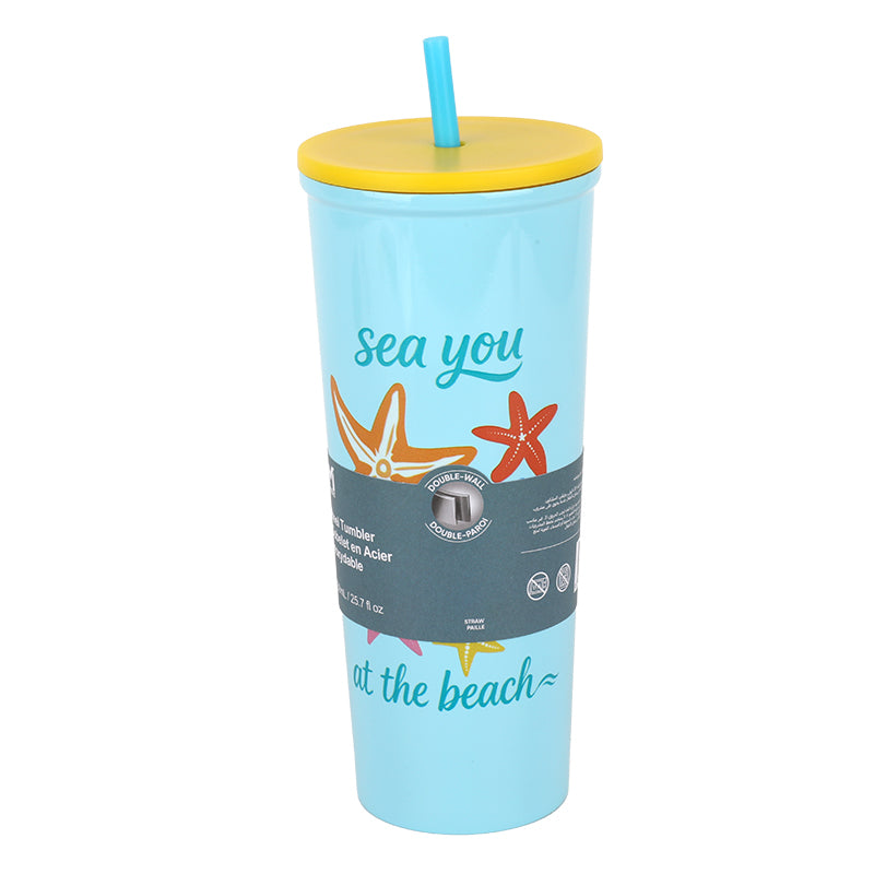 Bouteille Isotherme Inox avec Paille Motif Étoile de Mer - Bleu