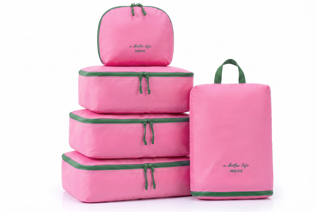 Set 5 Organiseurs de Valise Compression Fuchsia & Vert
