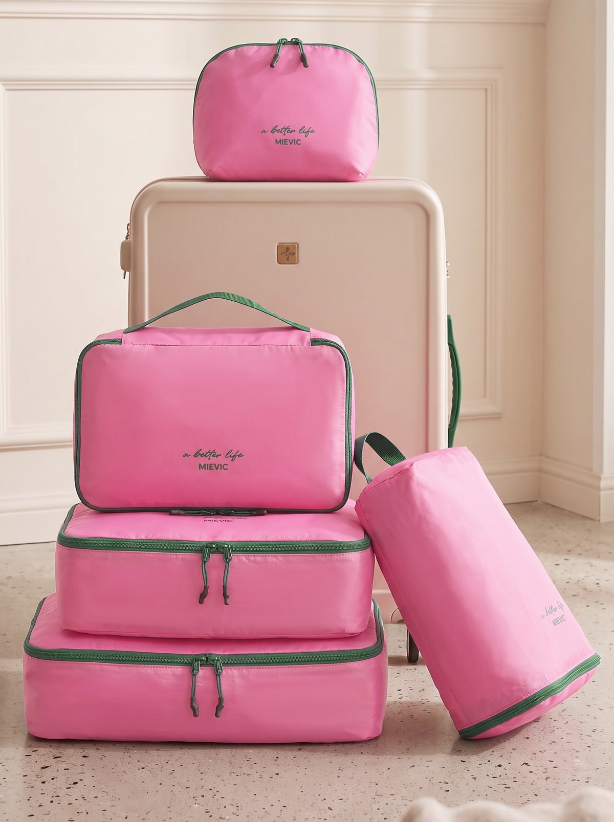 Set 5 Organiseurs de Valise Compression Fuchsia & Vert