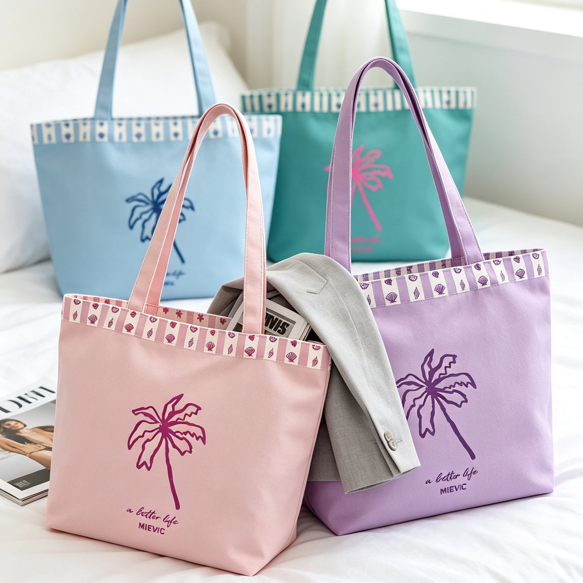 Pink Palm Print Canvas Tote Bag WM2611 SUM26