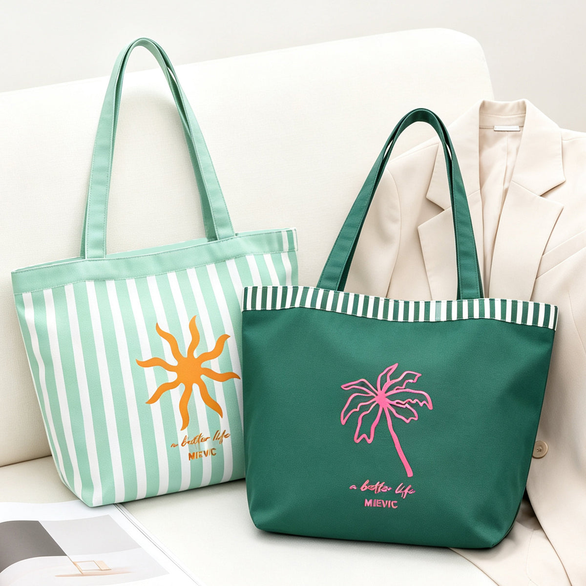 Green Palm Stripe Canvas Tote Bag WM2611 SUM26