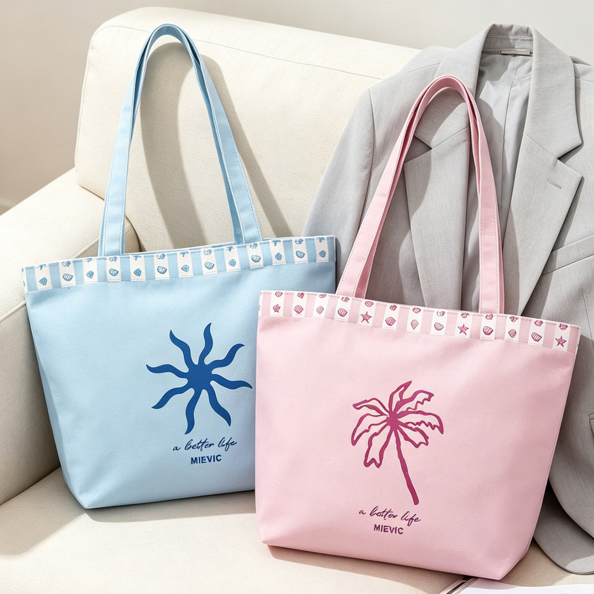 Blue Palm Print Canvas Tote Bag WM2611 SUM26