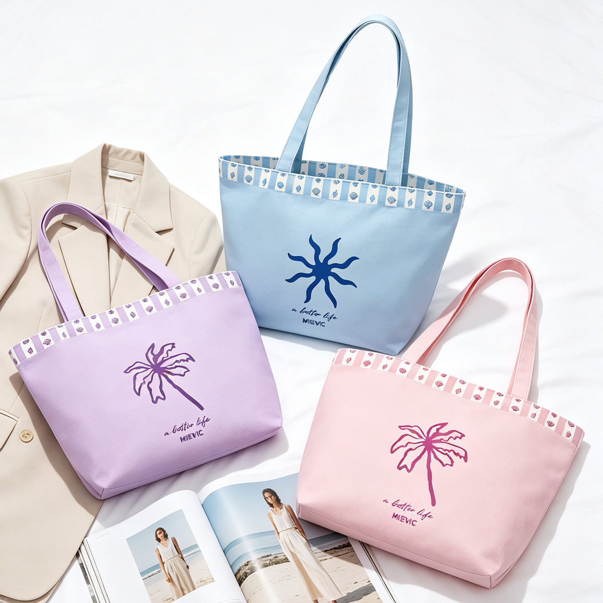 Pink Palm Print Canvas Tote Bag WM2611 SUM26