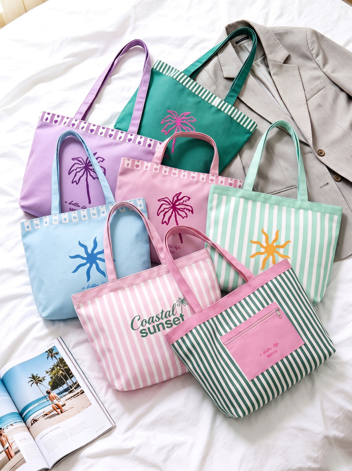 Green Striped Canvas Tote Bag With Pink Pocket WM2611 SUM26