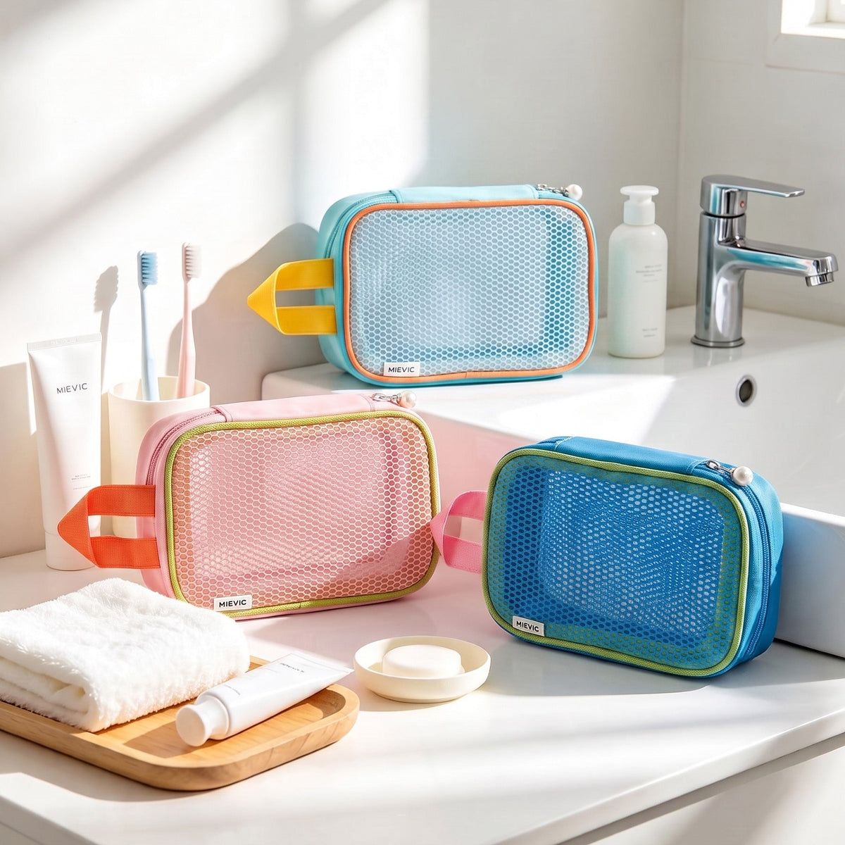 Mini Trousse de Maquillage en Mesh Bleu