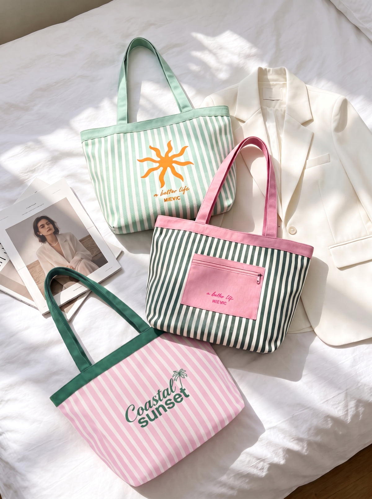 Green Striped Canvas Tote Bag With Pink Pocket WM2611 SUM26